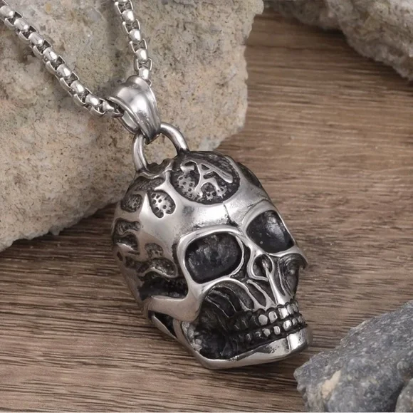 Skull Necklace 27.5 inches in Black Oxidized Stainless Steel
